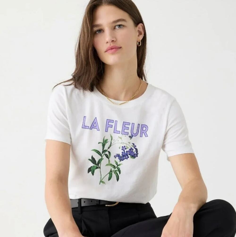 J. Crew Womens Size XS White La Fleur Purple Flower Graphic T-Shirt Short Sleeve
